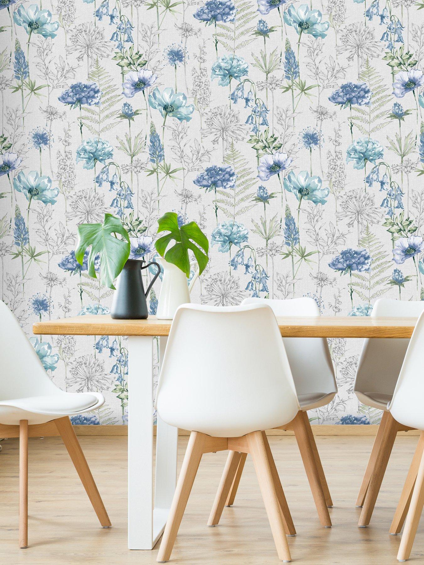 undefined Floral Sketch Blue Wallpaper