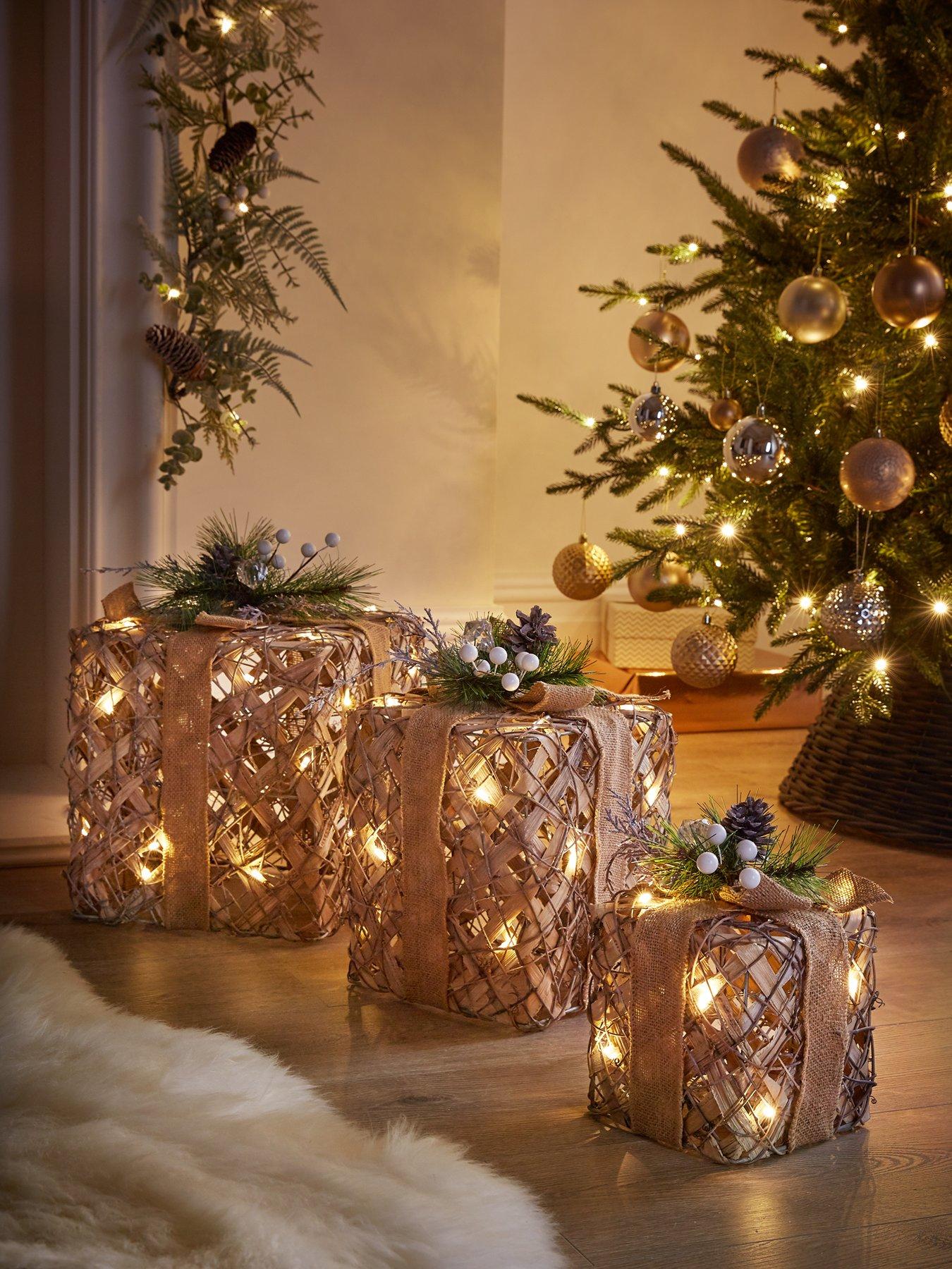 Very Home Set of 3 Lit Rattan Gift Boxes Christmas Decorations