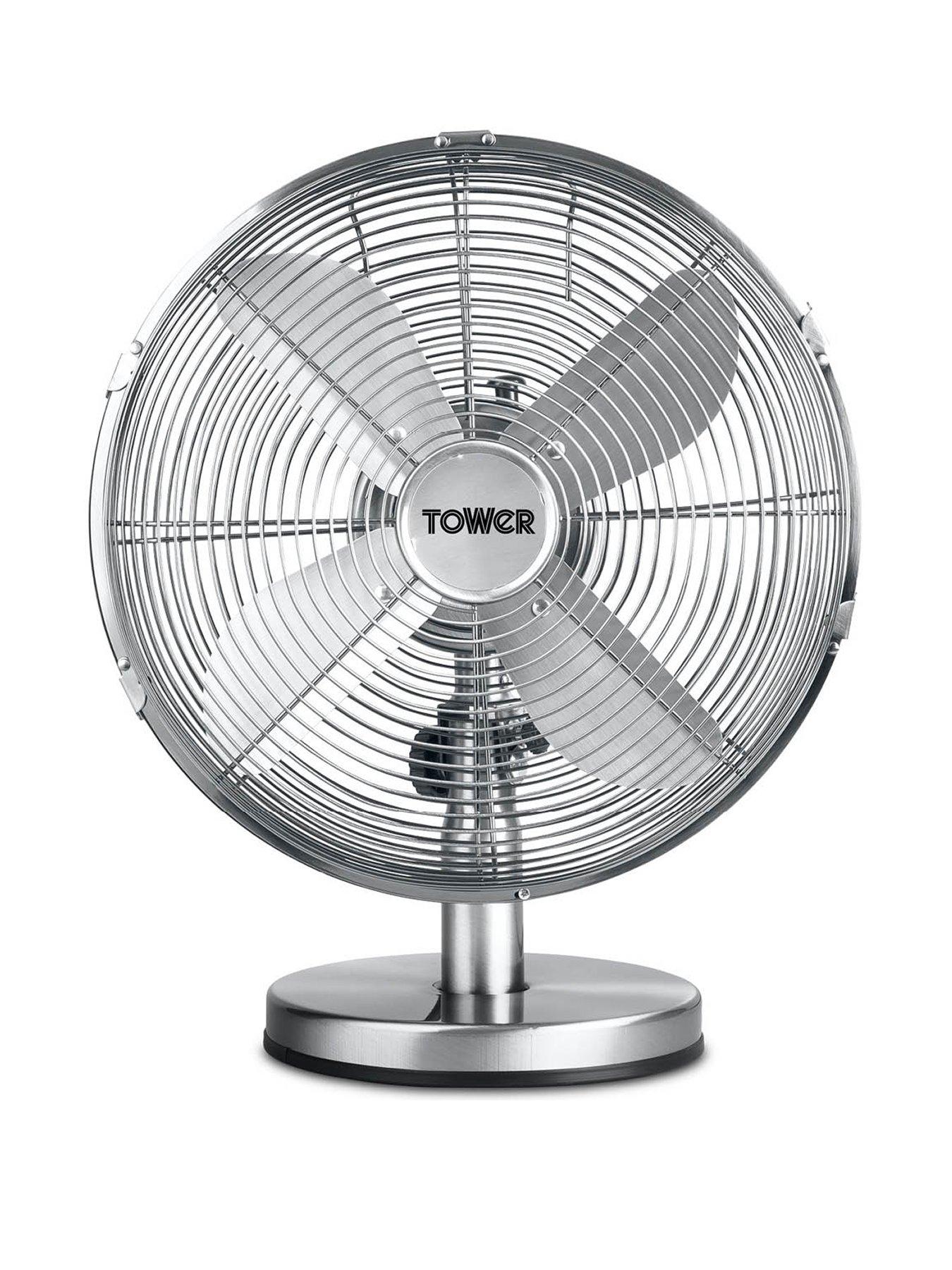 Image of Tower T605000 Metal Desk Fan with 3 Speeds, Automatic Oscillation, Long-Life Motor, 12 inch, 35W, Chrome