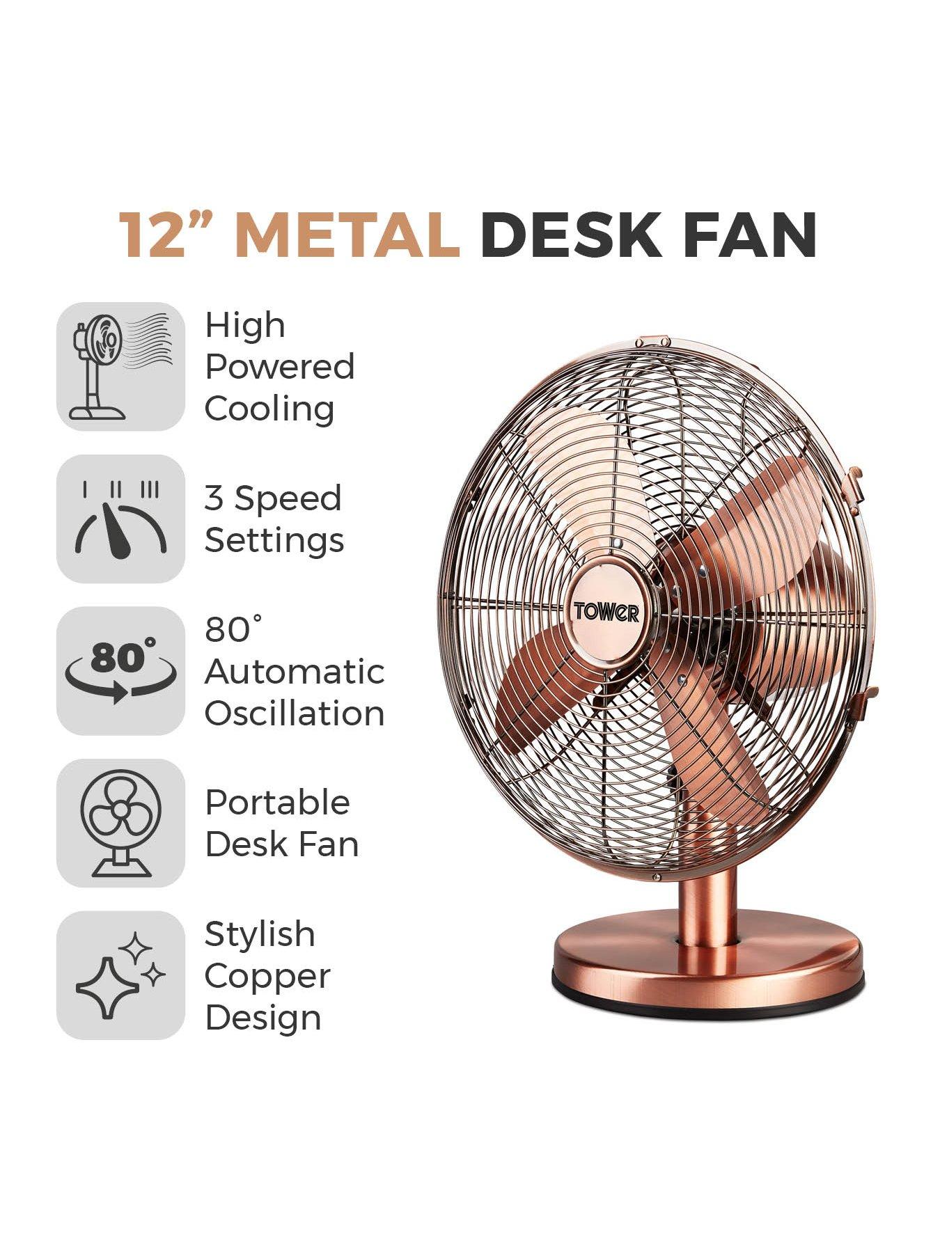 Image 2 of 6 of Tower Tower T605000C Metal Desk Fan with 3 Speeds, Automatic Oscillation, Long-Life Motor, 12&rdquo;, 35W, Copper