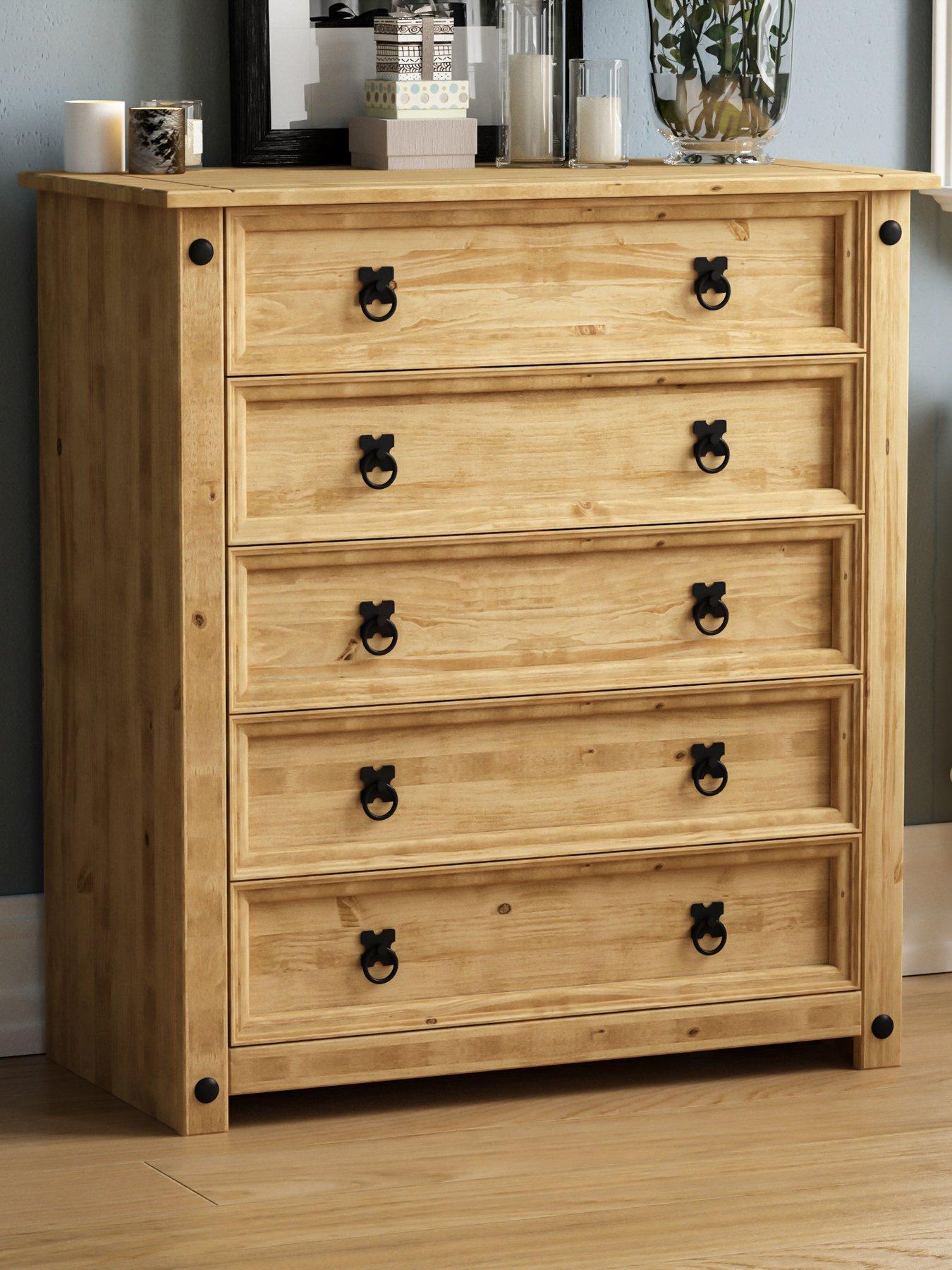 Rustic Solid Oak 5 Drawer Chest - Top drawer open view.