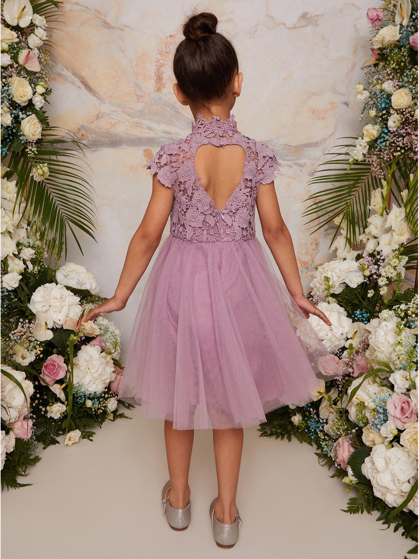Girls Lace Bodice Cut Out Flower Girl Dress Lilac