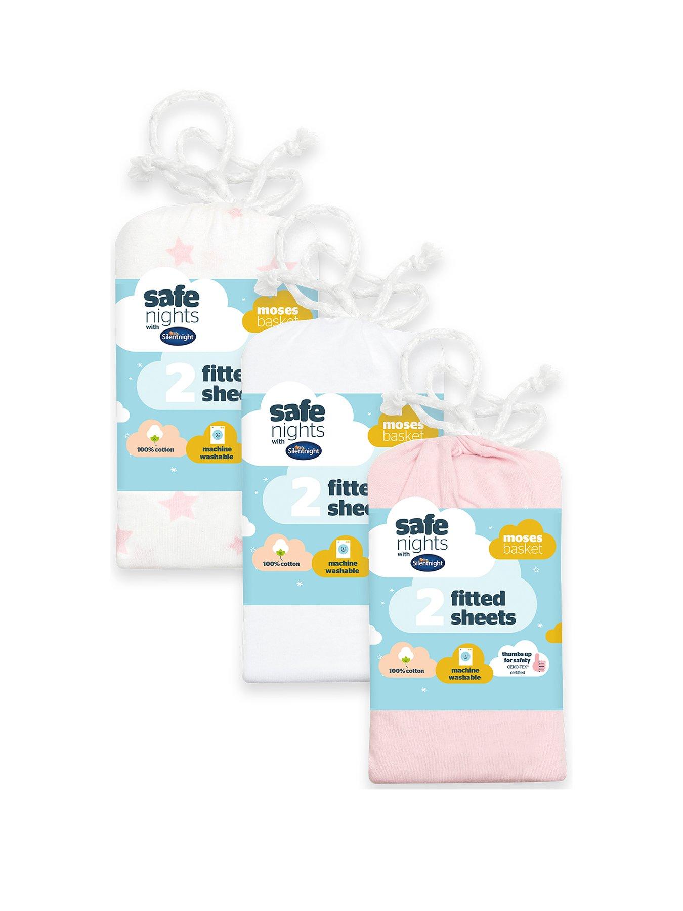 Silentnight Safe Nights 6 x Pack 100% Cotton Moses Basket Fitted Sheets - 74cm x 28cm - Pink Bundle