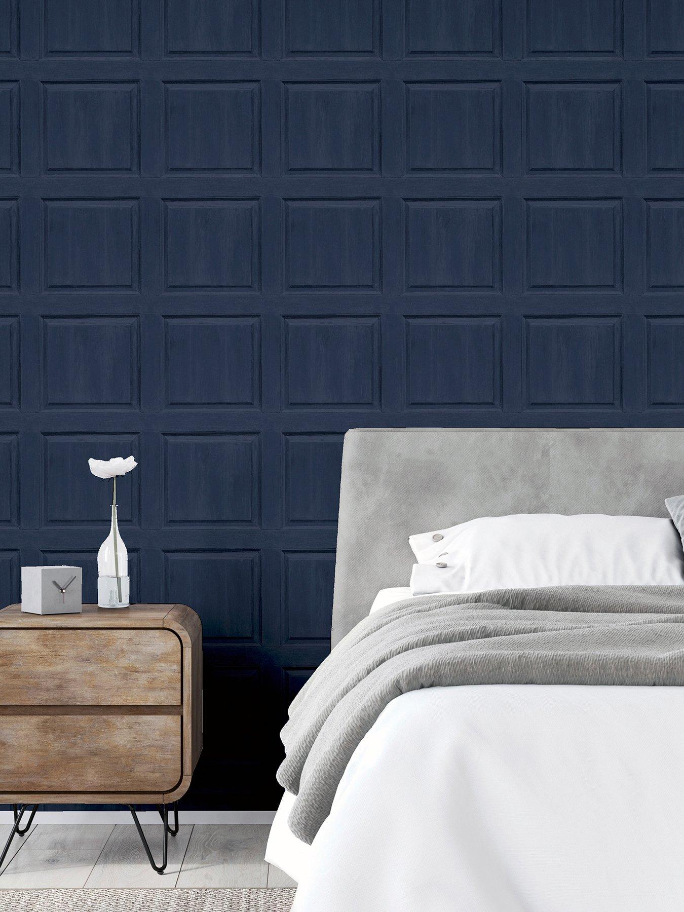 undefined Washed Wood Panel Navy Wallpaper