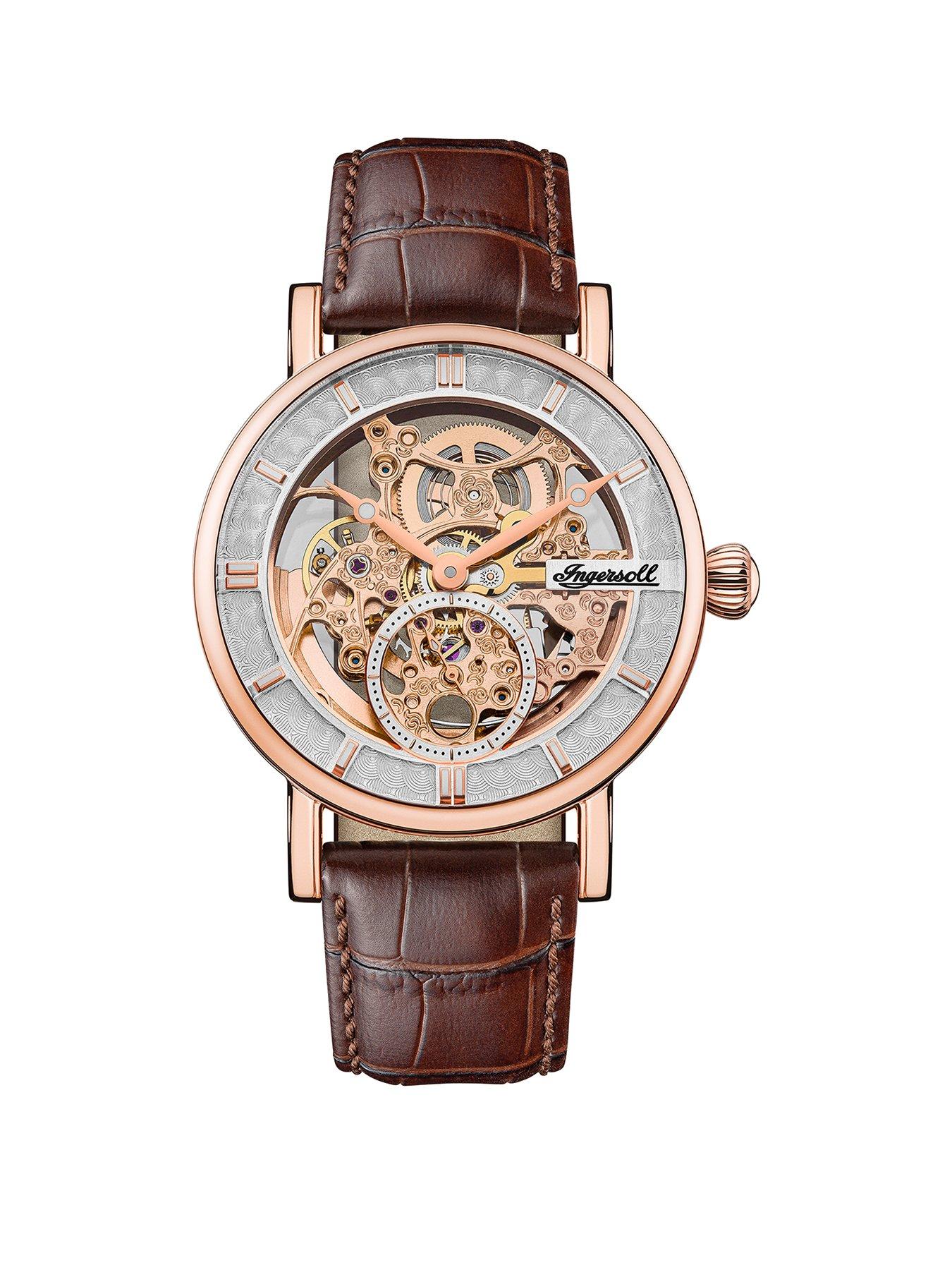 Ingersoll 1892 The Herald Rose Gold and Grey Skeleton Dial Brown Leather Strap Automatic Mens Watch