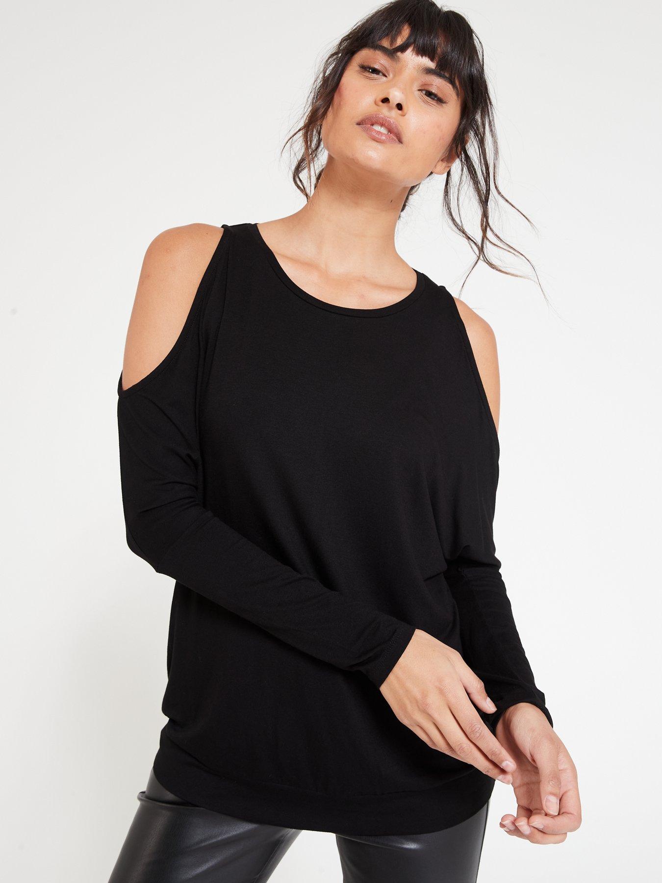 black long sleeve cold shoulder top