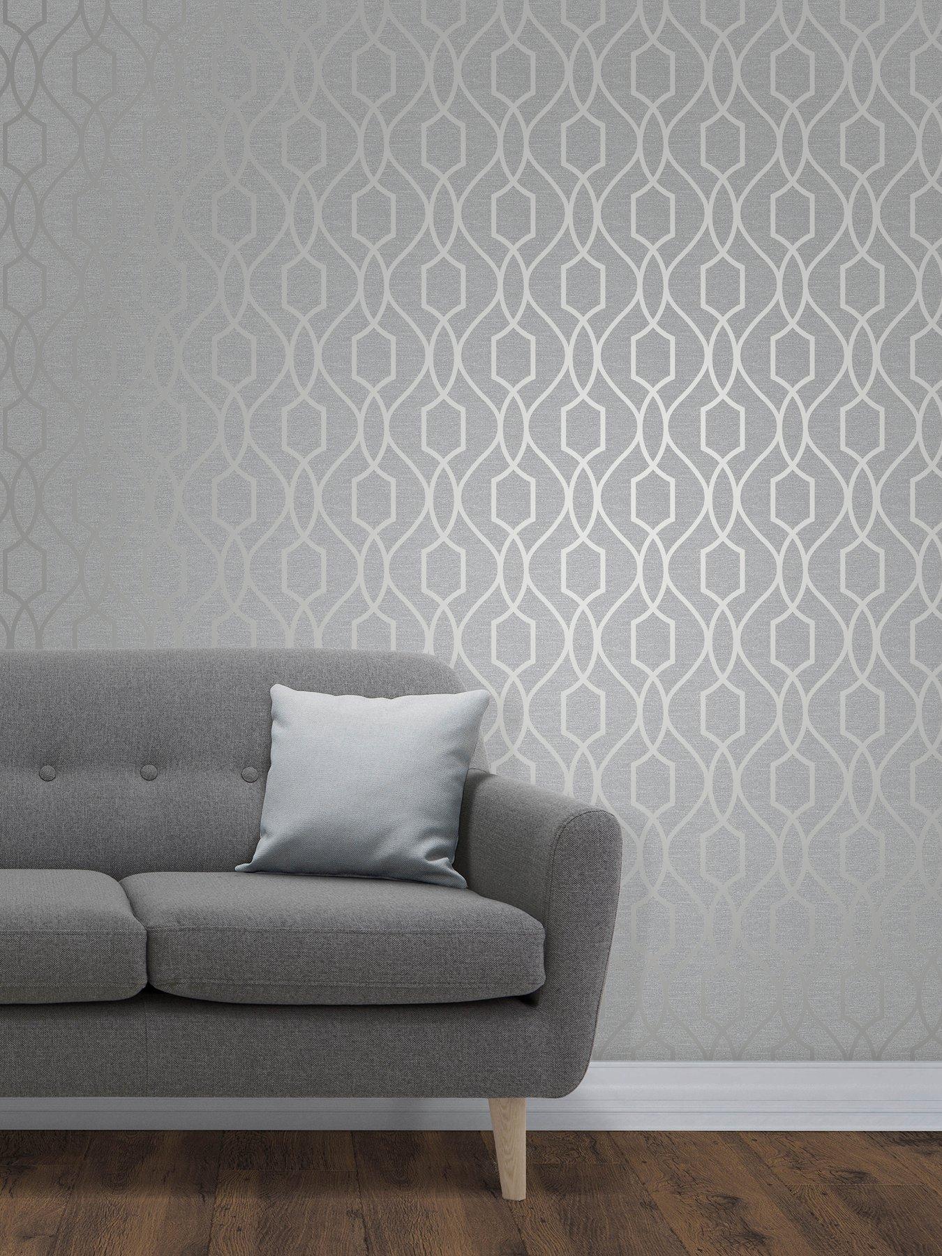 Fine Decor Apex Geo Trellis Stone  &  Silver Wallpaper