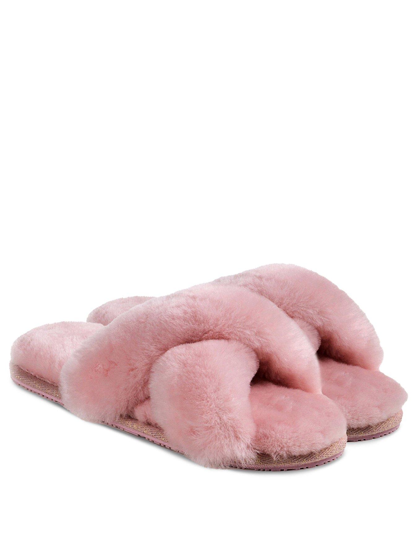 Image of Just Sheepskin Daisy Open Toe Cross Over Sheepskin Slider Slipper - Rose