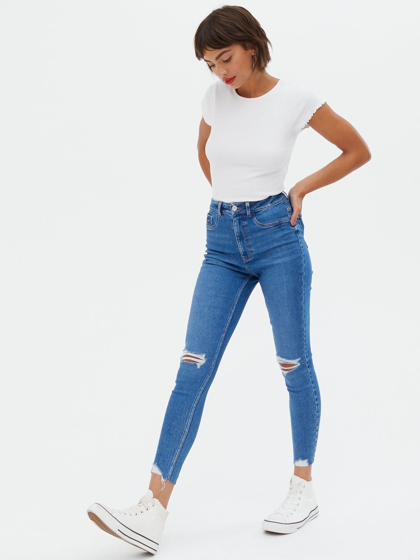 New Look Ripped High Waist Hallie Super Skinny Jeans - Blue