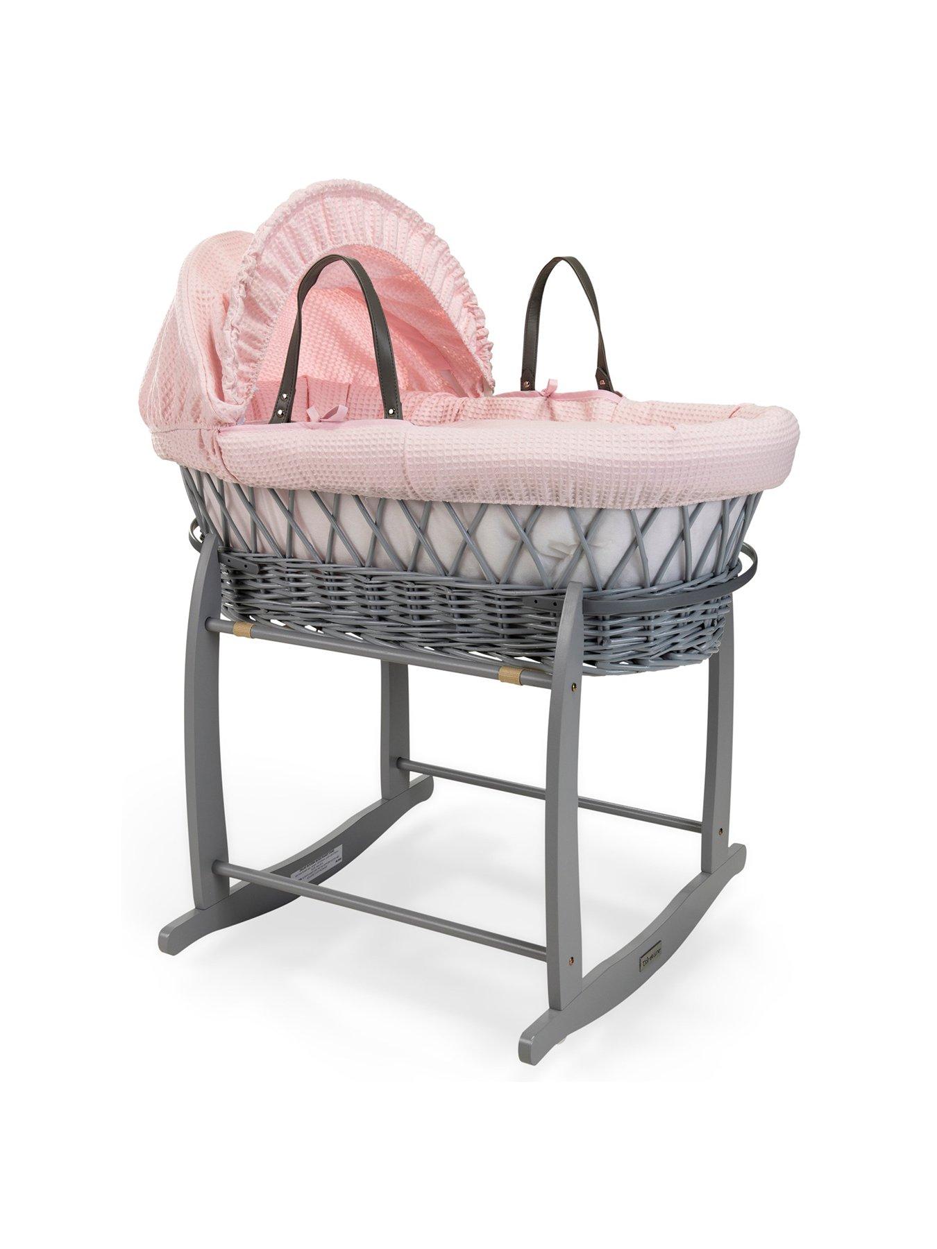 Clair De Lune Waffle Grey Wicker Moses Basket and Deluxe Rocking Stand Pink Very Ireland