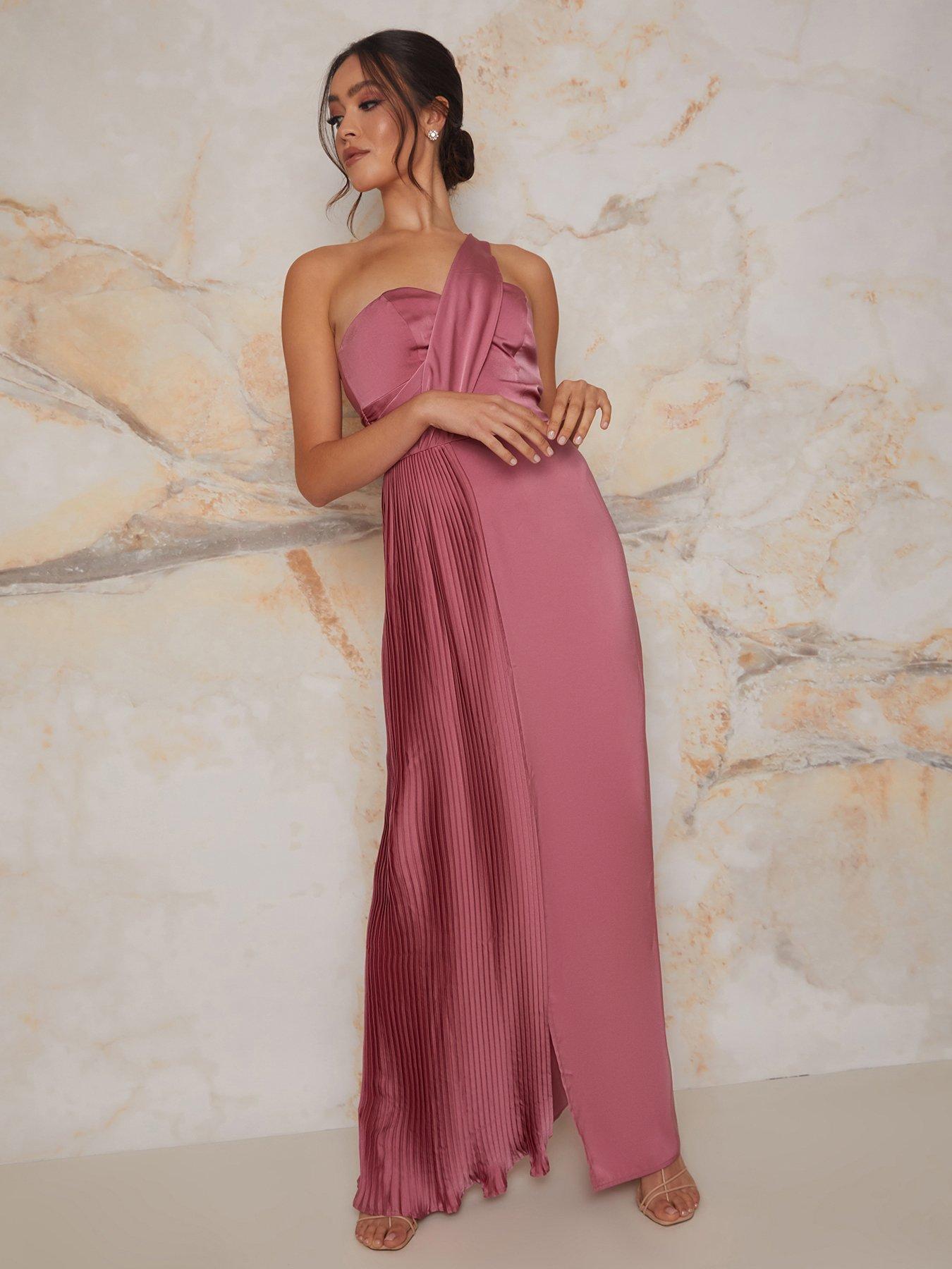 Chi Chi London Pleated Satin One Shoulder Maxi Dress - Pink