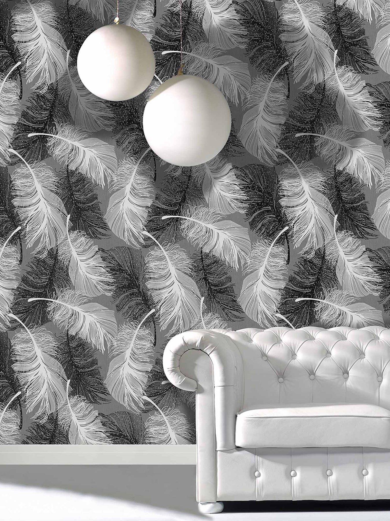 fine-decor-feather-monochrome-feature-wall-glitter-wallpaperfront