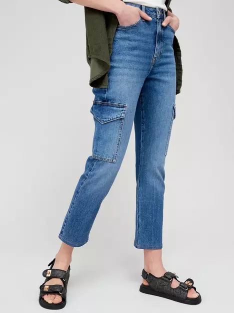 prod1091213633: Girlfriend Straight Leg Jeans with Cargo Pockets - Mid Wash