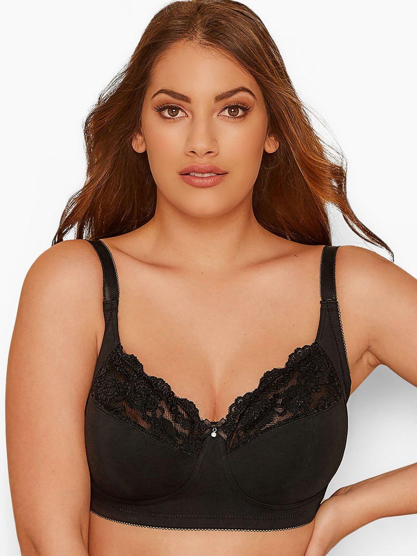 Image of Yours Clothing Black Non Wired Cotton Lace Trim Bra