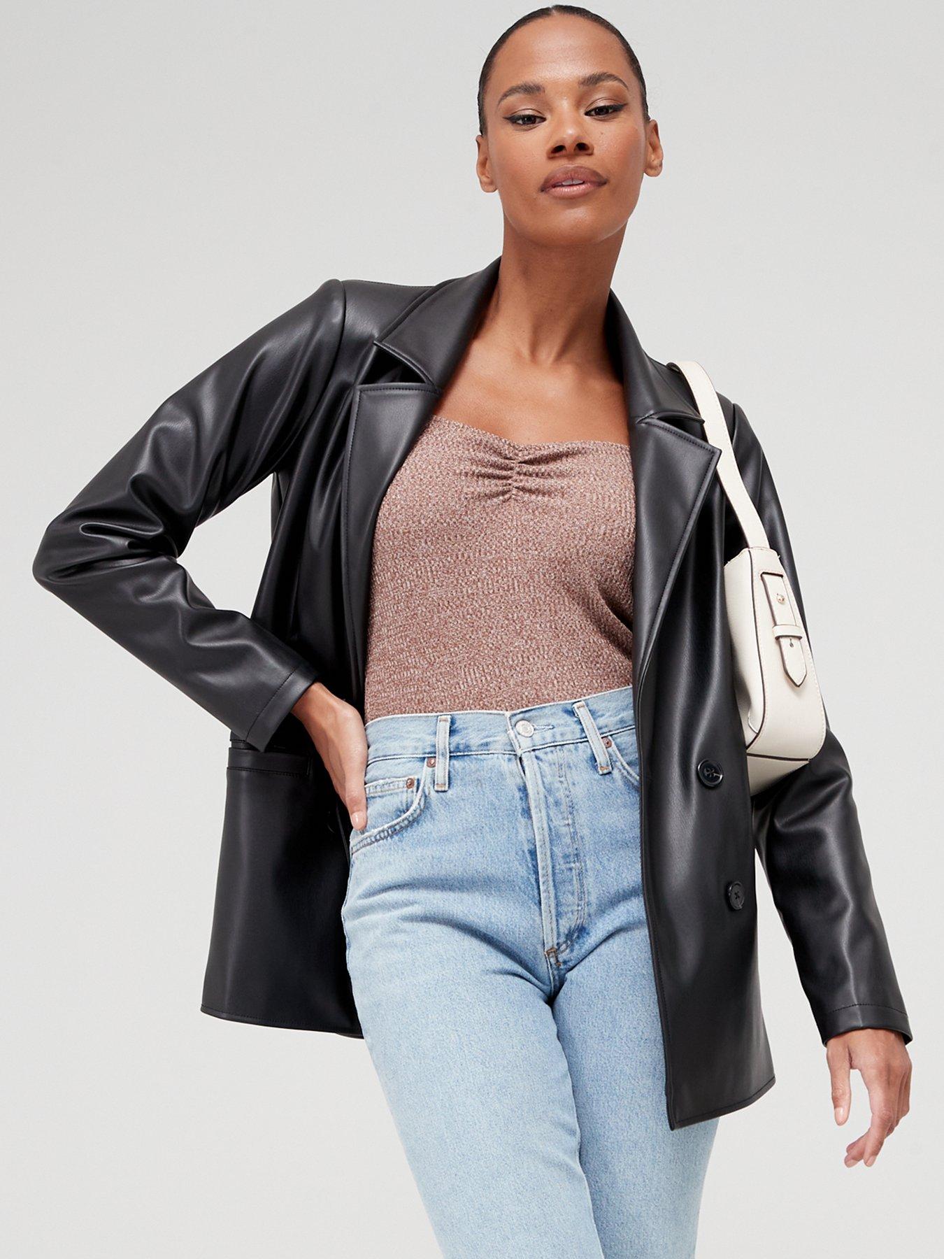 V by Very Faux Leather Boyfriend Blazer Black Very Ireland