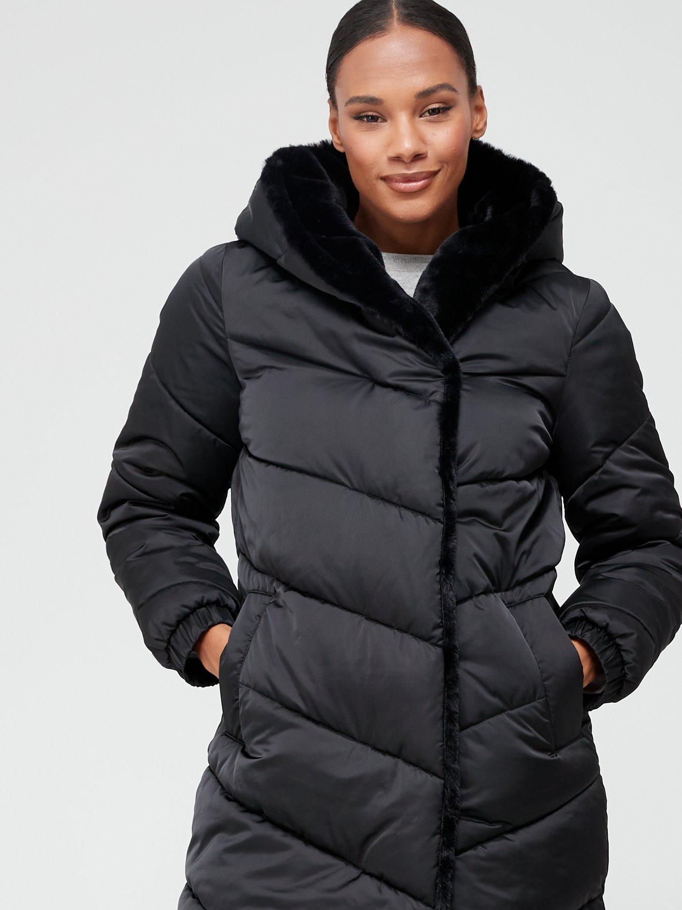 V by Very Faux Fur Shawl Collar Padded Coat Black Very Ireland