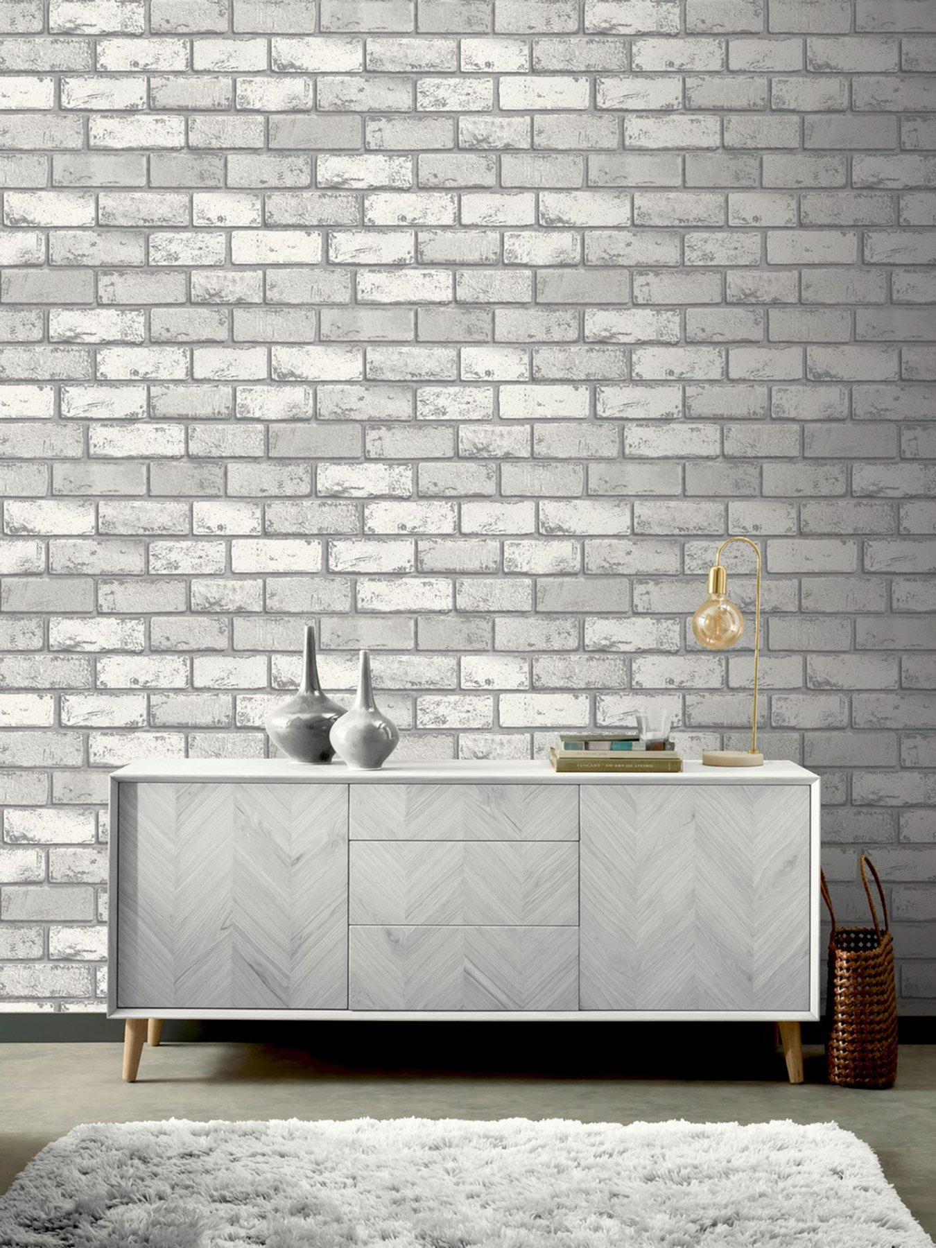 undefined Arthouse Metallic Brick White Wallpaper