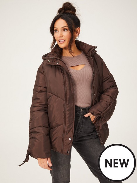 michelle-keegan-ruched-sleeve-short-padded-coat-brown