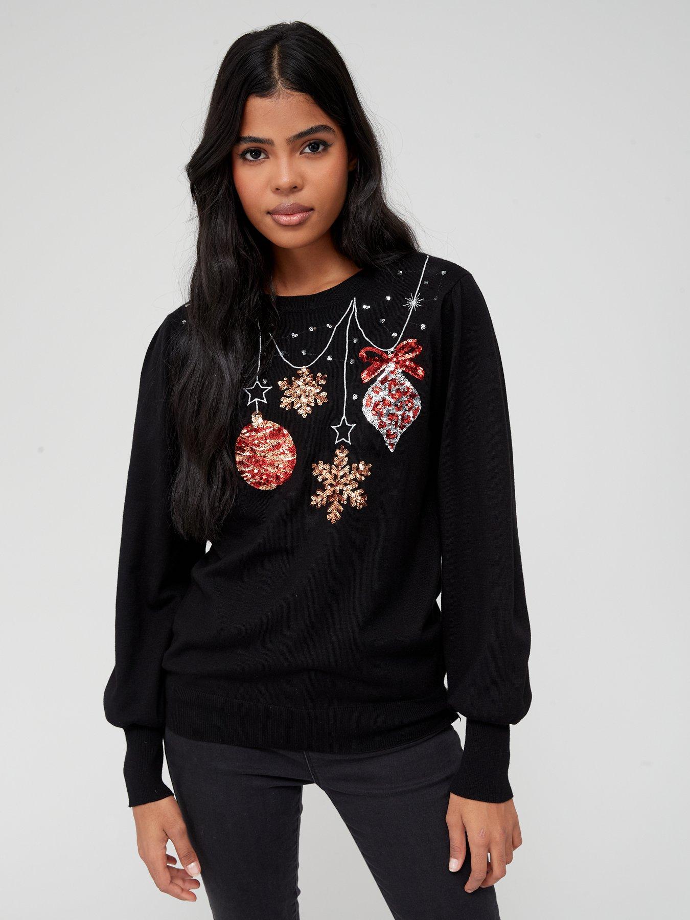 Knitted Christmas Sequin Animal Bauble Jumper Black