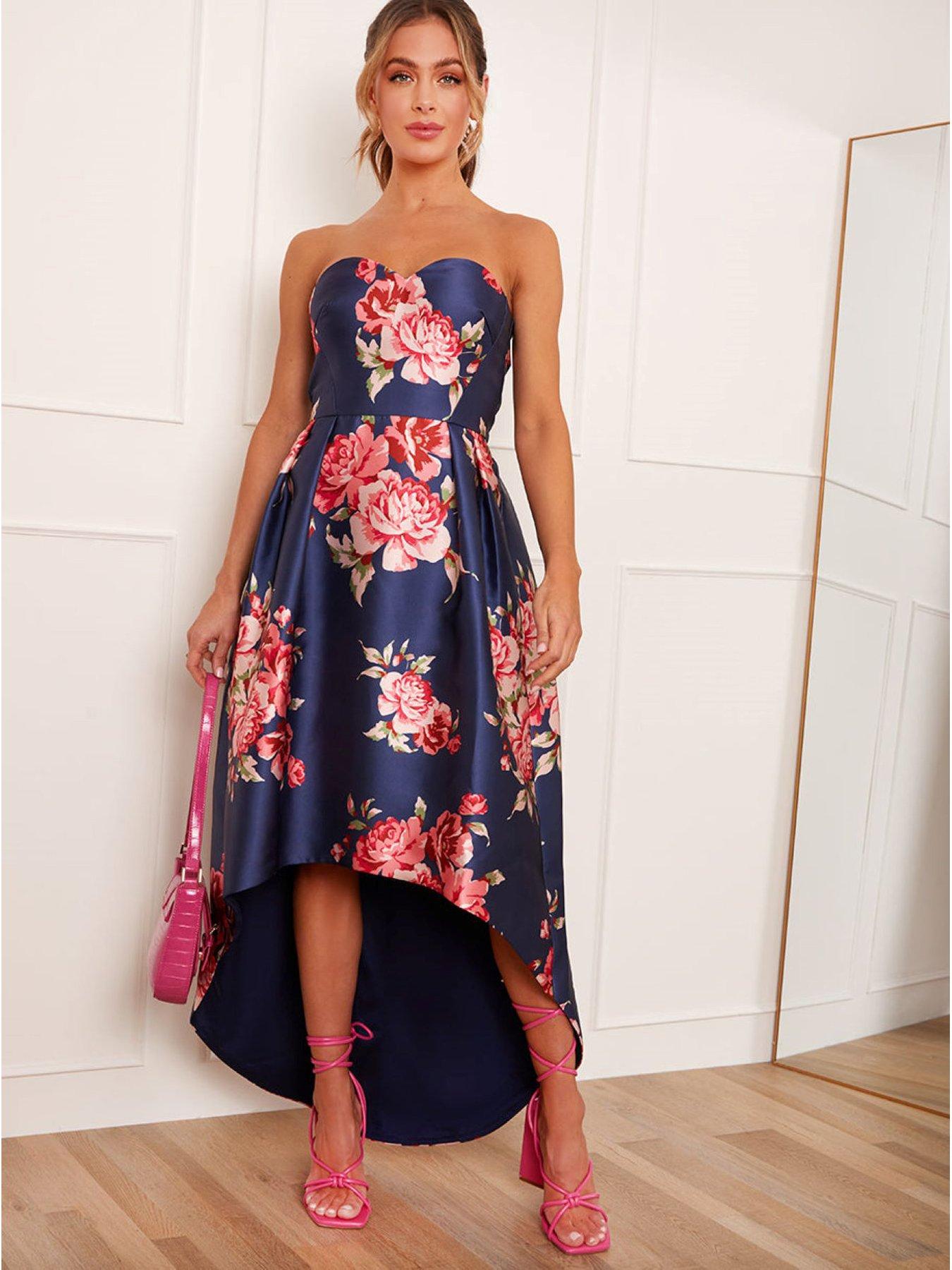 Navy and pink shop floral dip hem dress