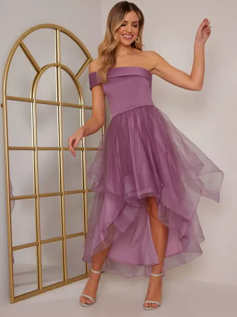 prod1091325464: One Shoulder Mesh Skirt Dip Hem Dress - Purple