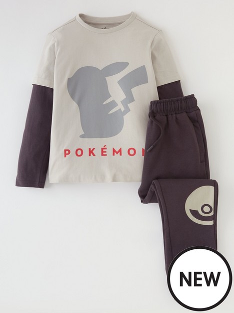 pokemon-boys-pokemon-2-piece-pikachu-mock-sleeve-t-shirt-and-jogger-set-grey