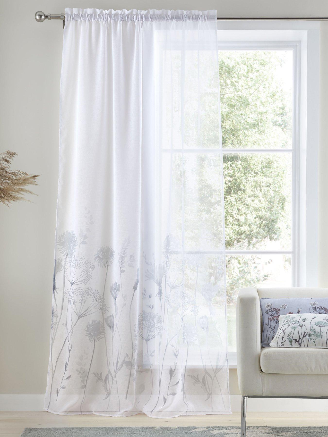Catherine Lansfield Meadowsweet Floral Tab Top Sheer Curtain Panel - White