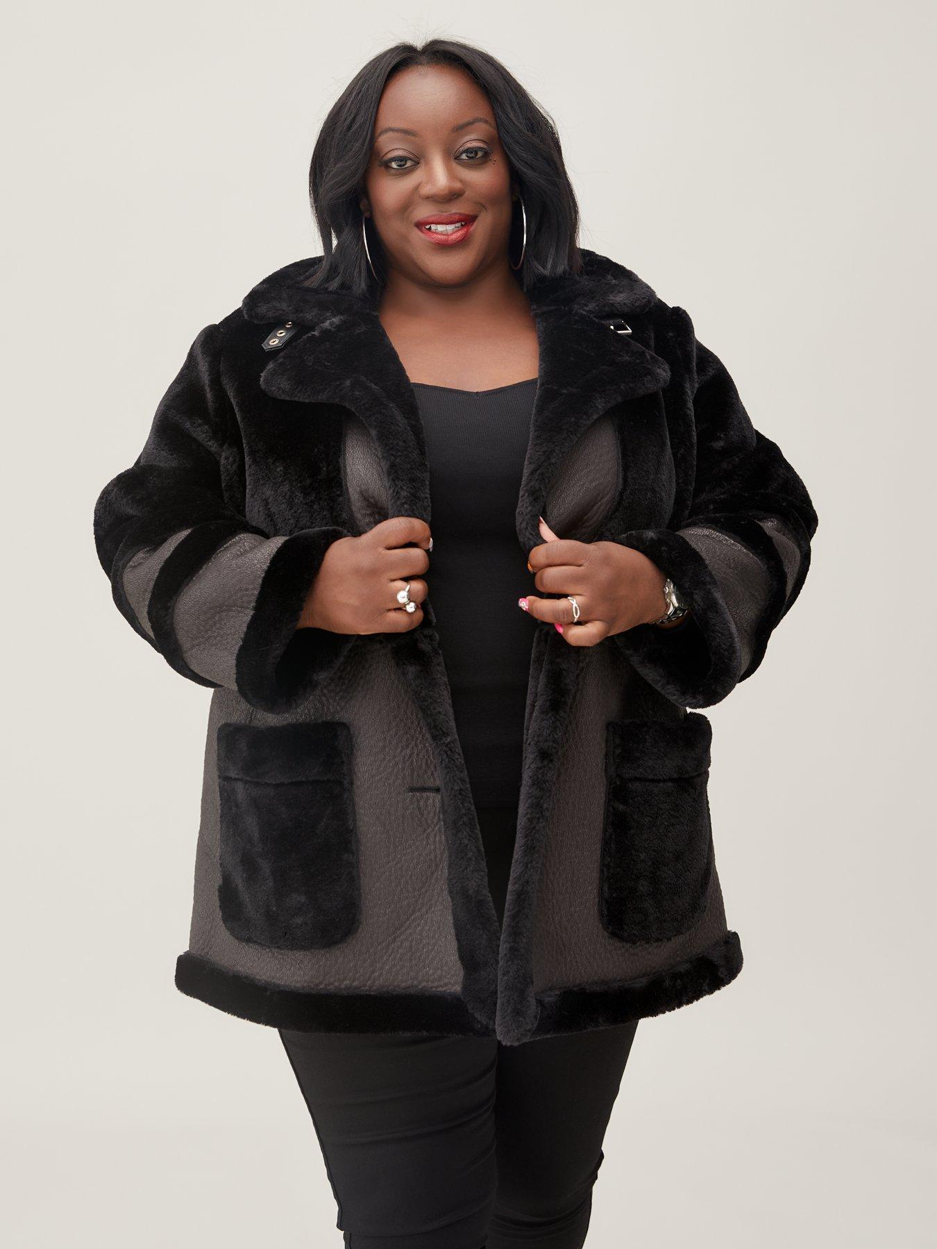 Judi Love Longline Faux Fur PU Coat Black Very Ireland