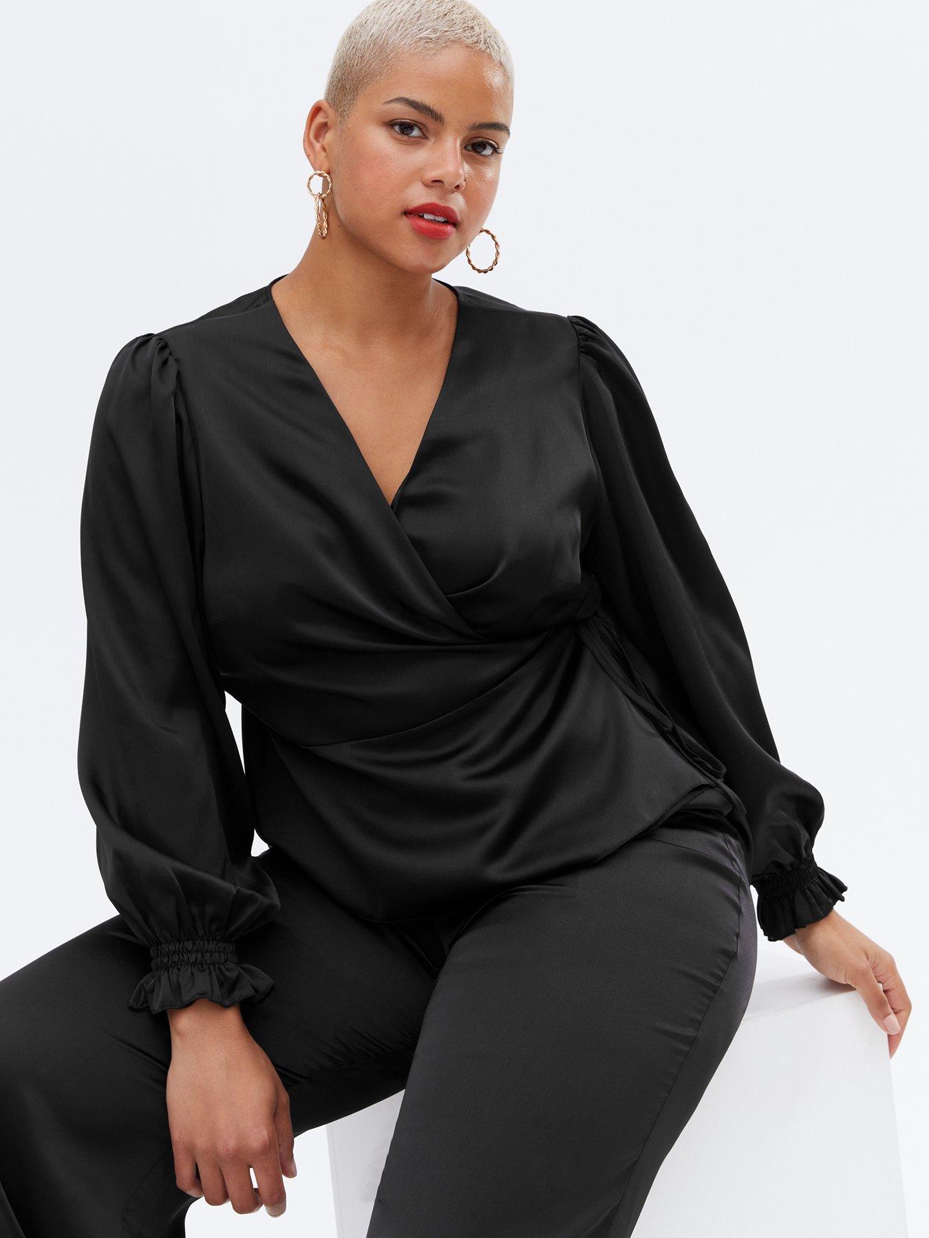 Black satin cheap wrap blouse