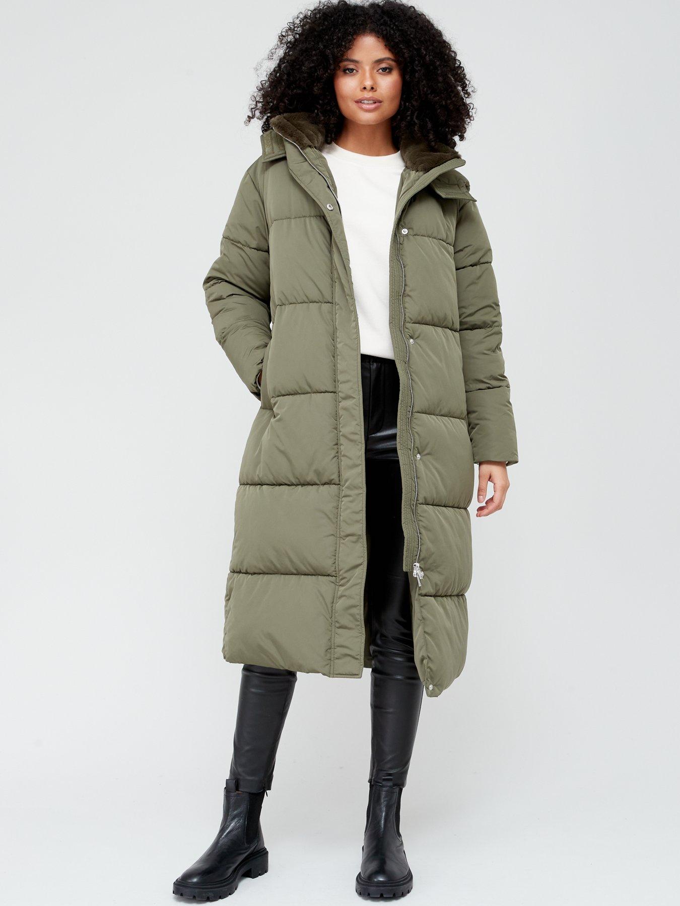 V by Very Long Padded Coat With Faux Fur Collar Khaki Very Ireland