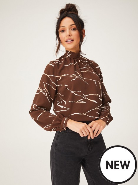 michelle-keegan-high-neck-marble-print-blouse-brown