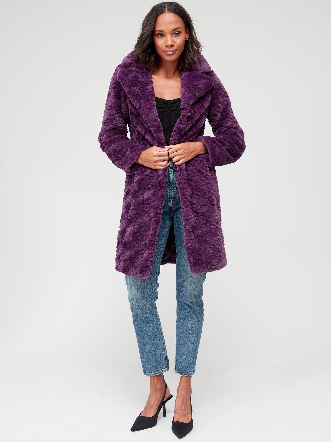 Textured Faux Fur Coat Deep Plum