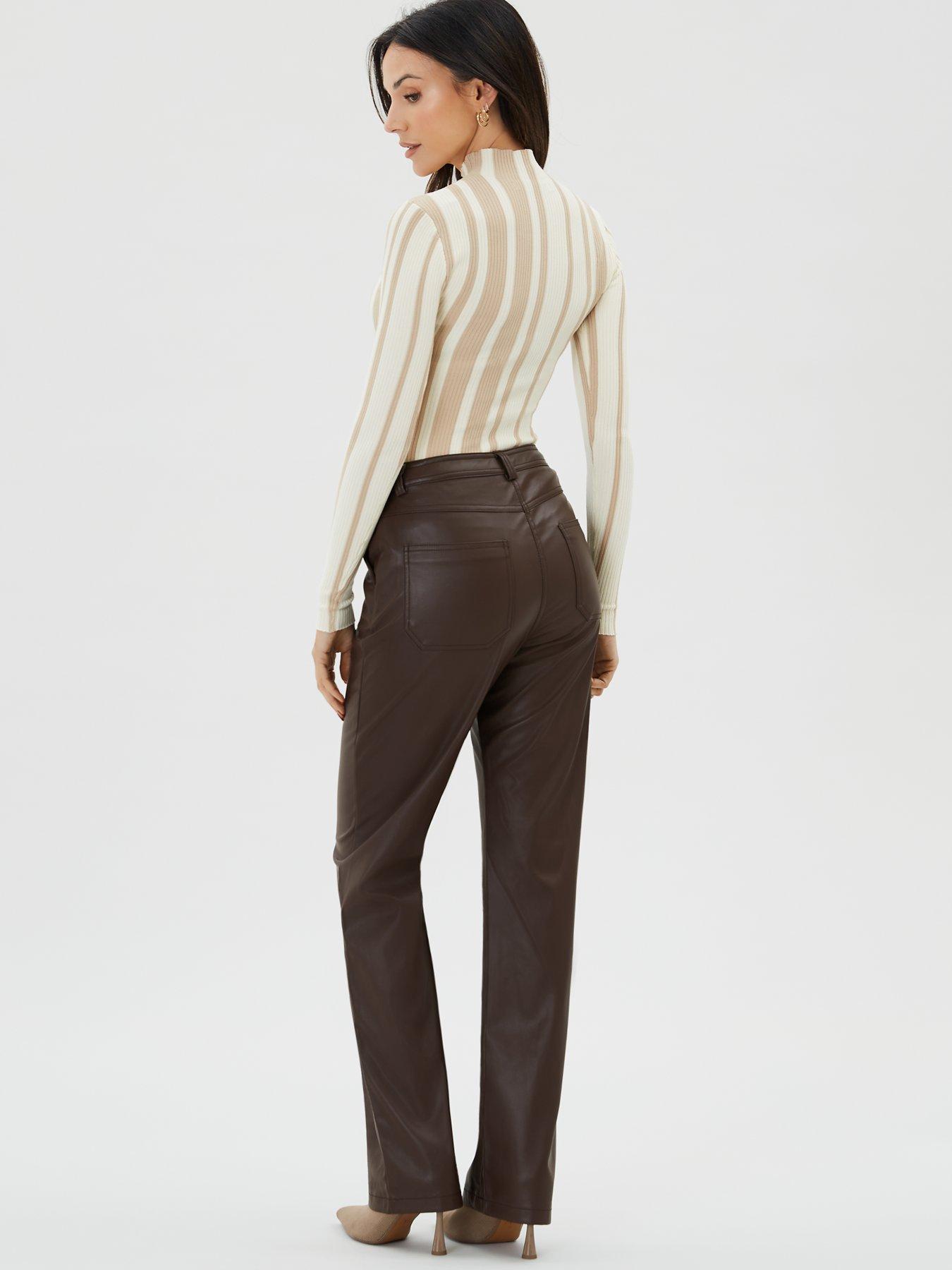 Stone Belted Straight Leg Faux Leather Pants