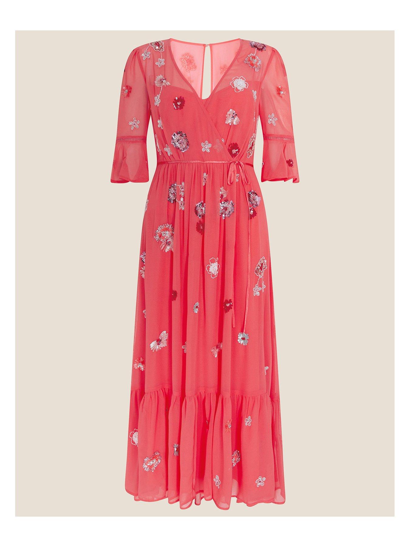 Monsoon Aimee Sustainable Embellished Wrap Dress Peach Very