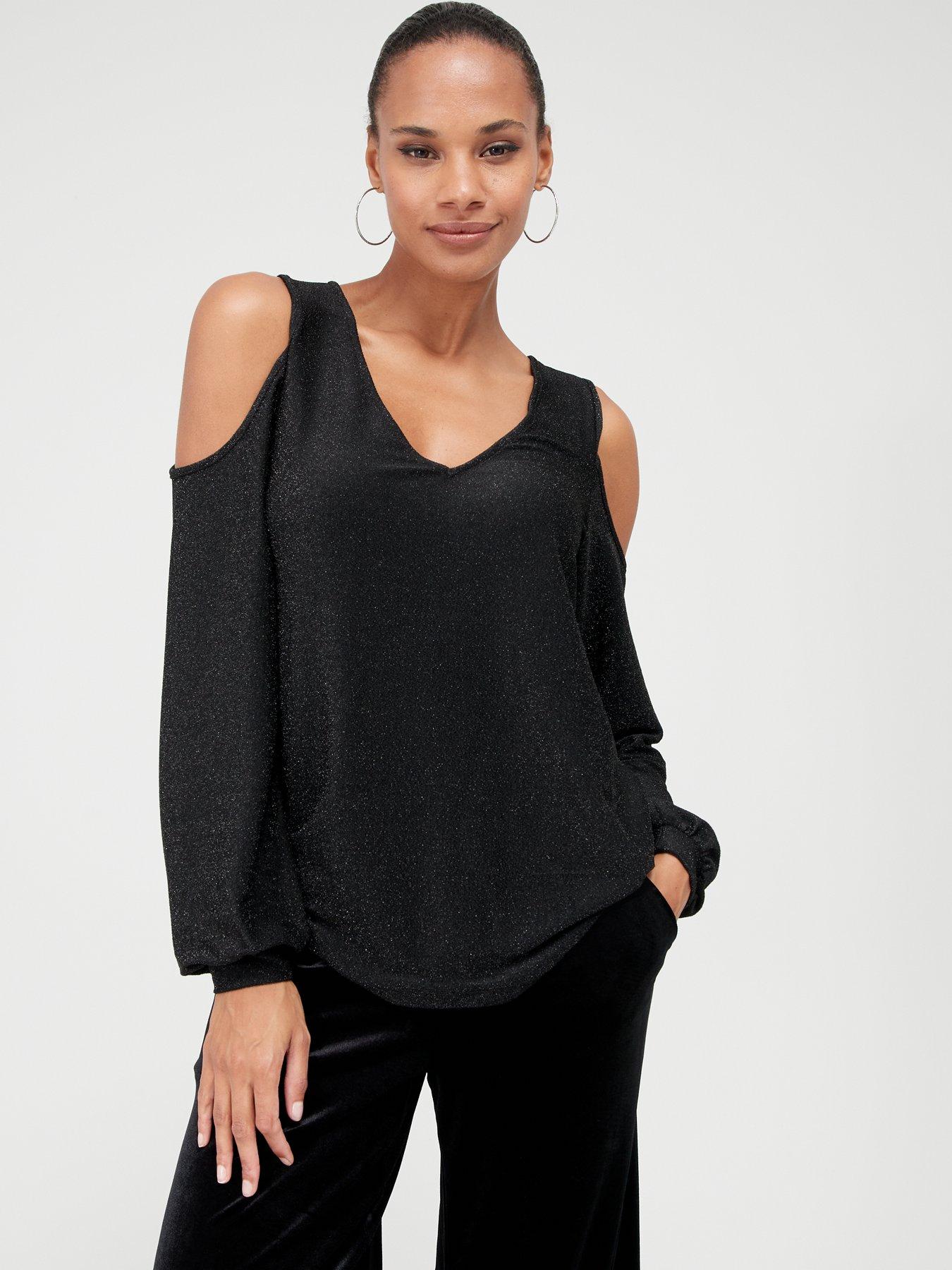 Black glitter shop cold shoulder top