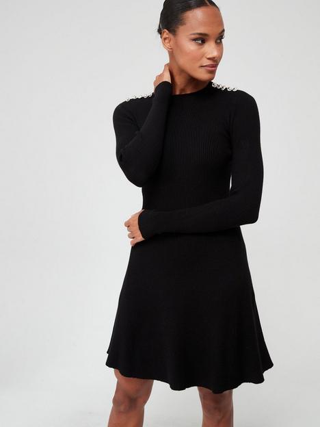 v-by-very-button-shoulder-knitted-mini-dress-black