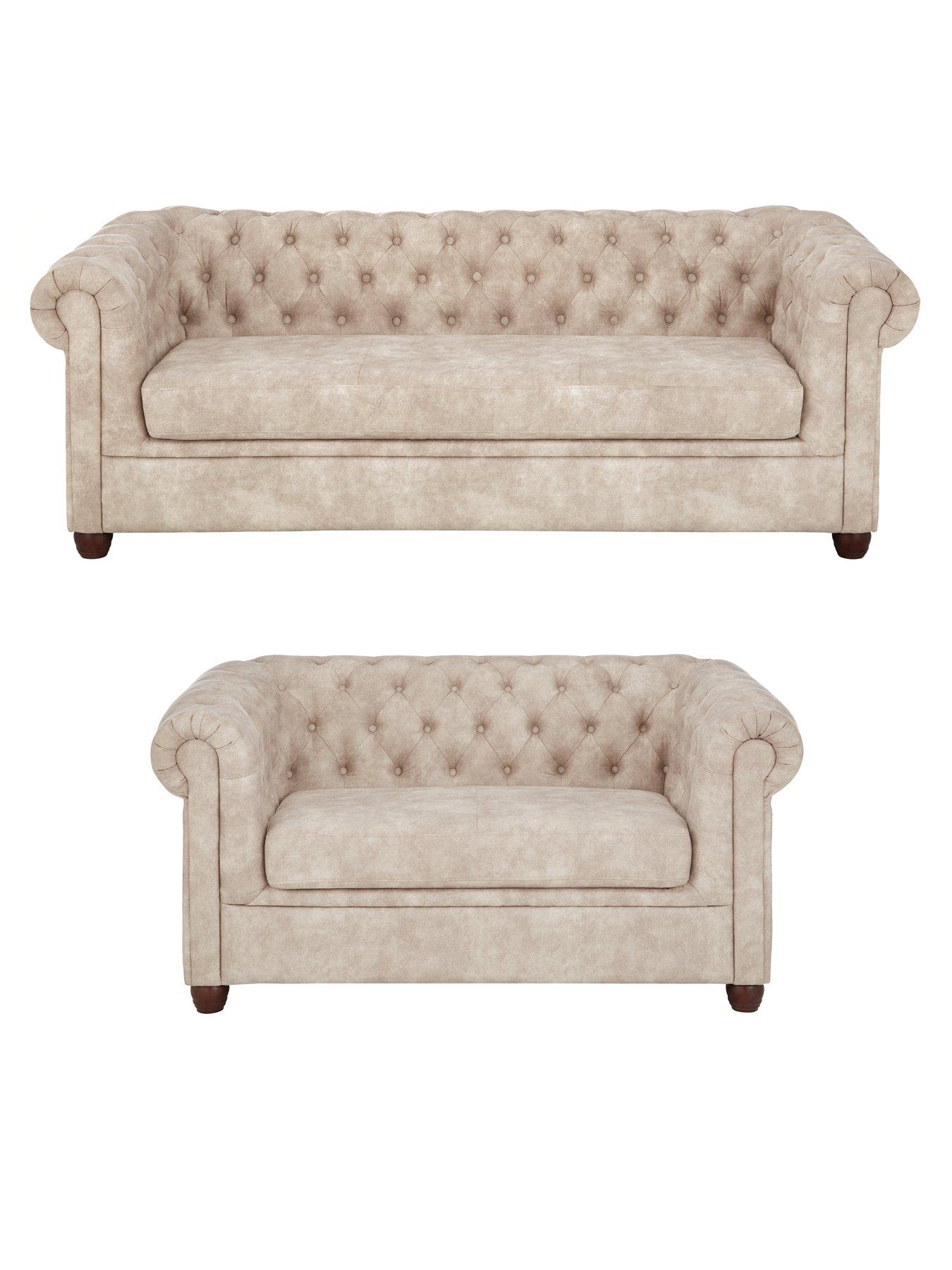 The Very Collection Chester Chesterfield Leather Look 3 Seater + 2 Seater Sofa Set - Pebble (Buy and SAVE!) - FSC® Certified