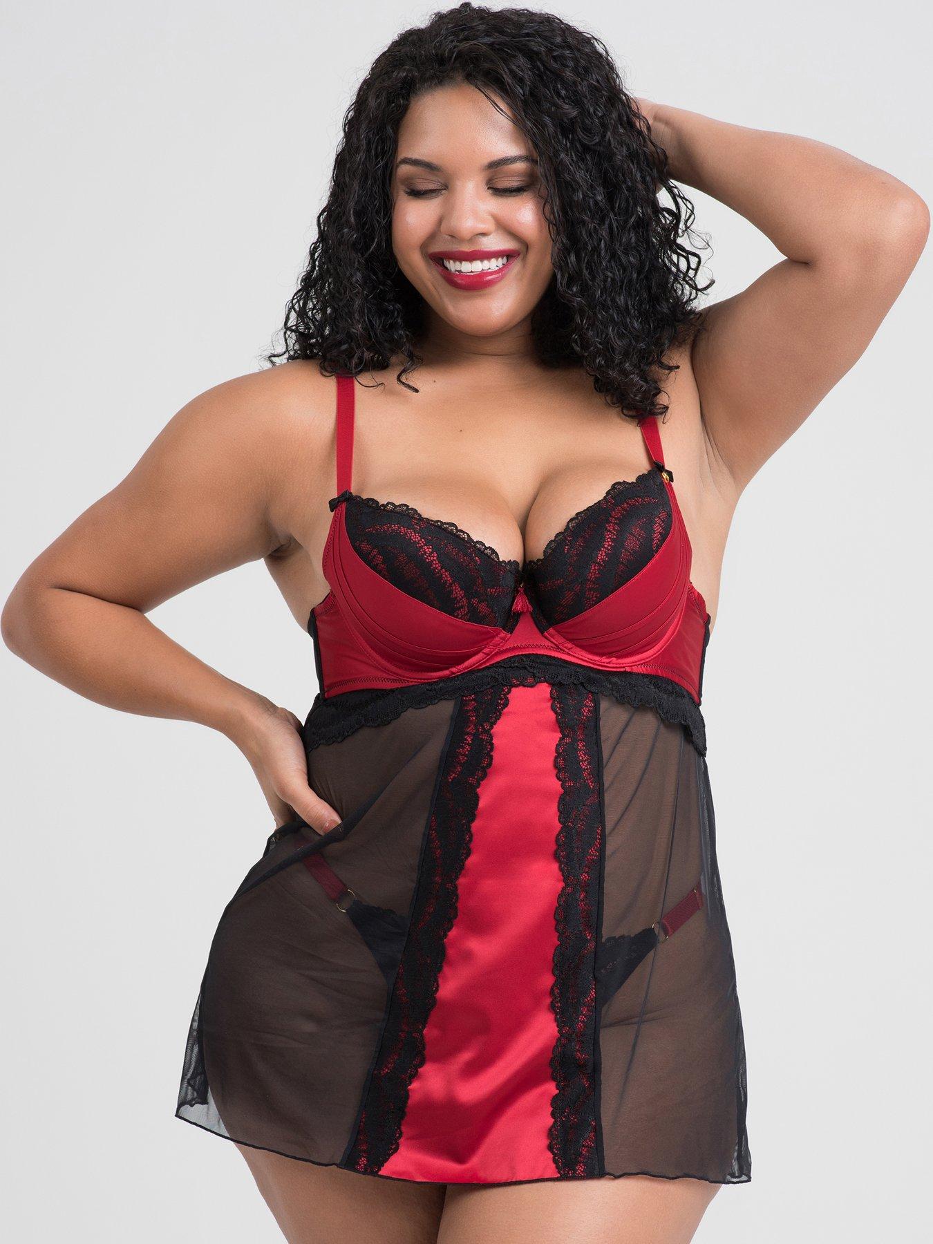 Image of Lovehoney 2 Piece Plus Size Empress Satin and Lace Chemise Set - Black/Red