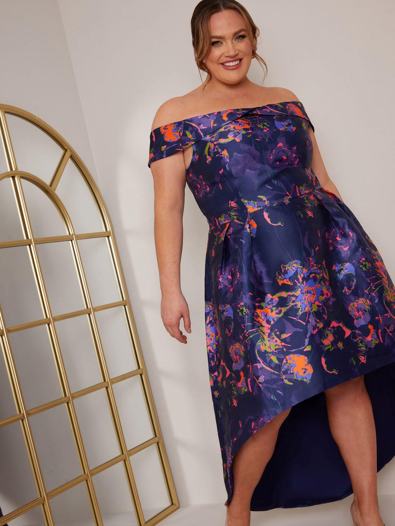 Chi Chi London Curve Plus Size Bardot Neon Abstract Keyhole Dip Hem Dress -  Navy