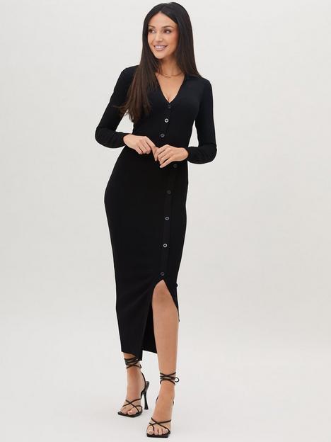 michelle-keegan-knitted-button-detail-midi-dress-black