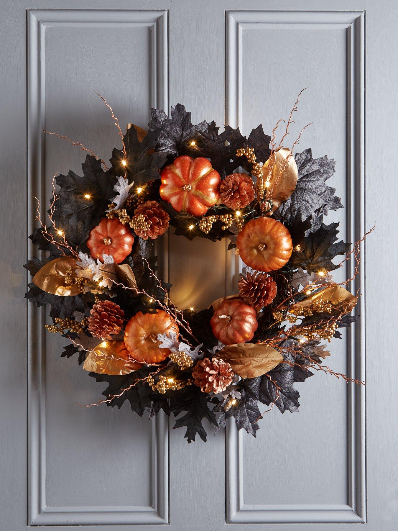 very-home-autumnnbsppre-lit-black-leaf-wreath-with-pumpkinsfront