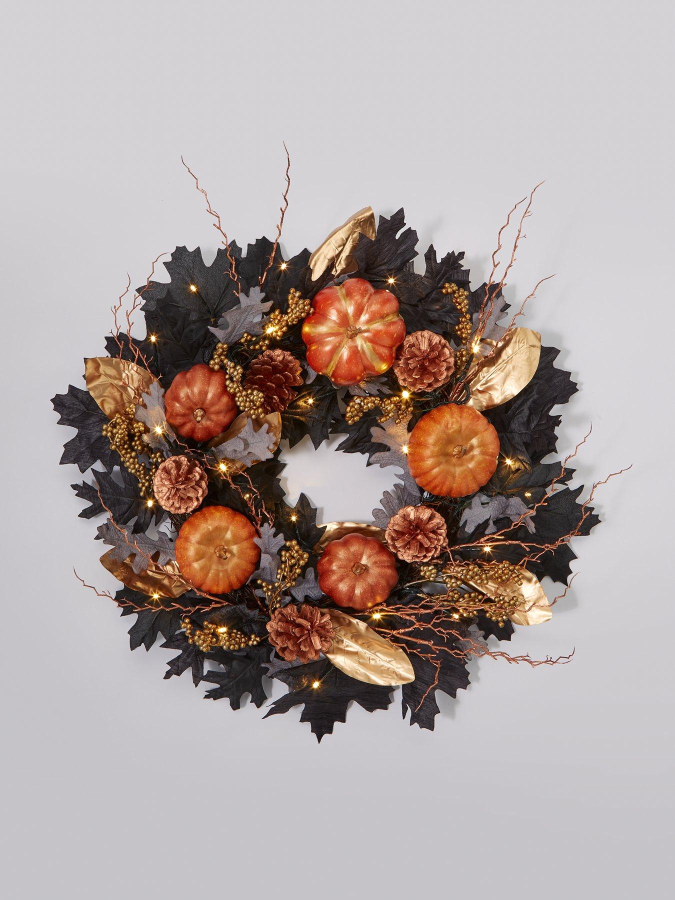 very-home-autumnnbsppre-lit-black-leaf-wreath-with-pumpkinsstillFront