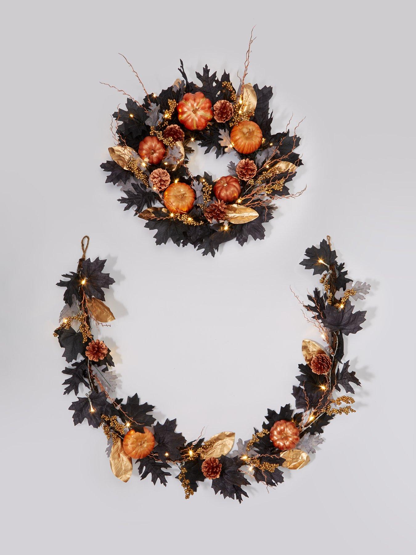 very-home-autumnnbsppre-lit-black-leaf-wreath-with-pumpkinsback