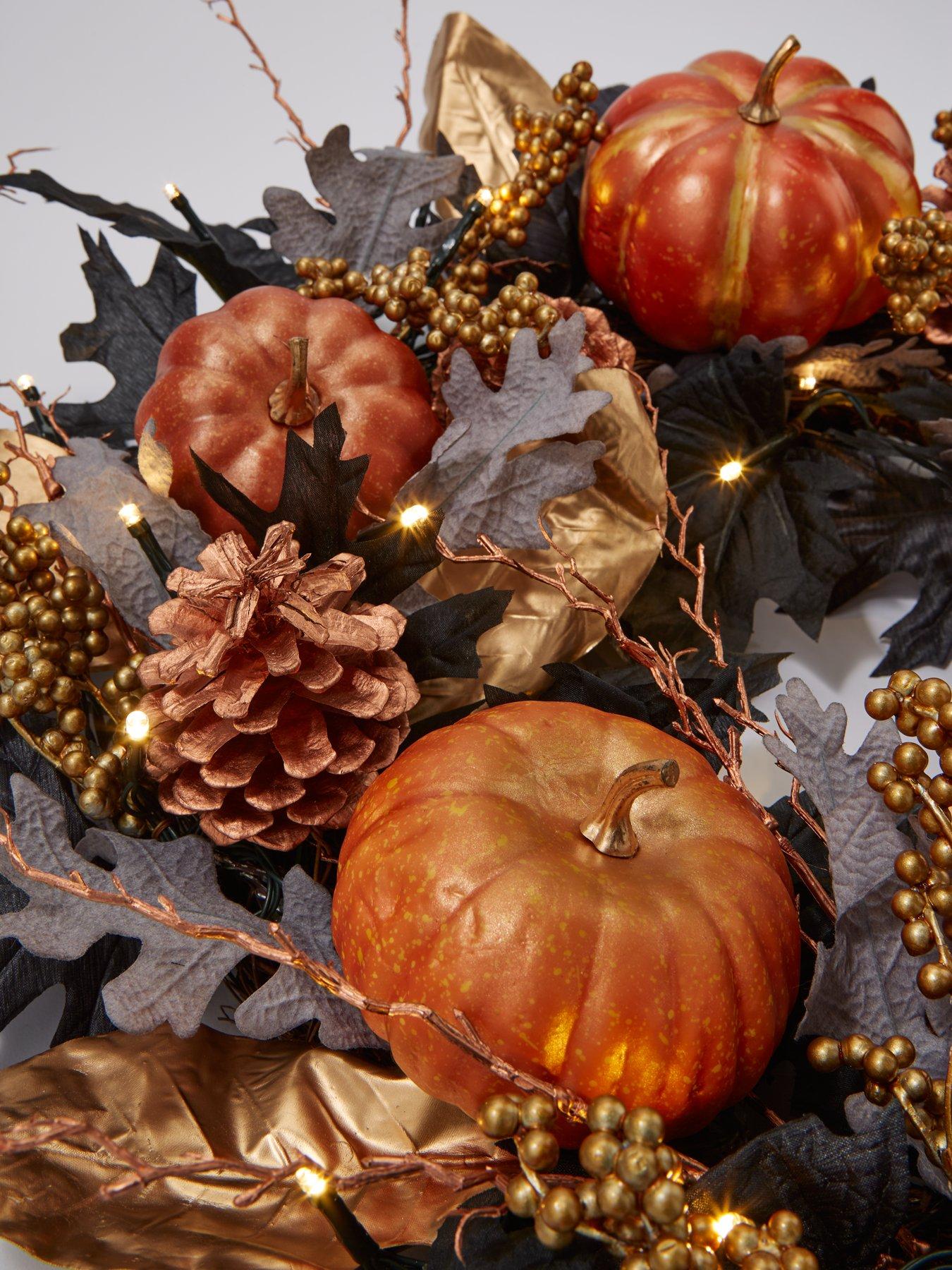 very-home-autumnnbsppre-lit-black-leaf-wreath-with-pumpkinsdetail