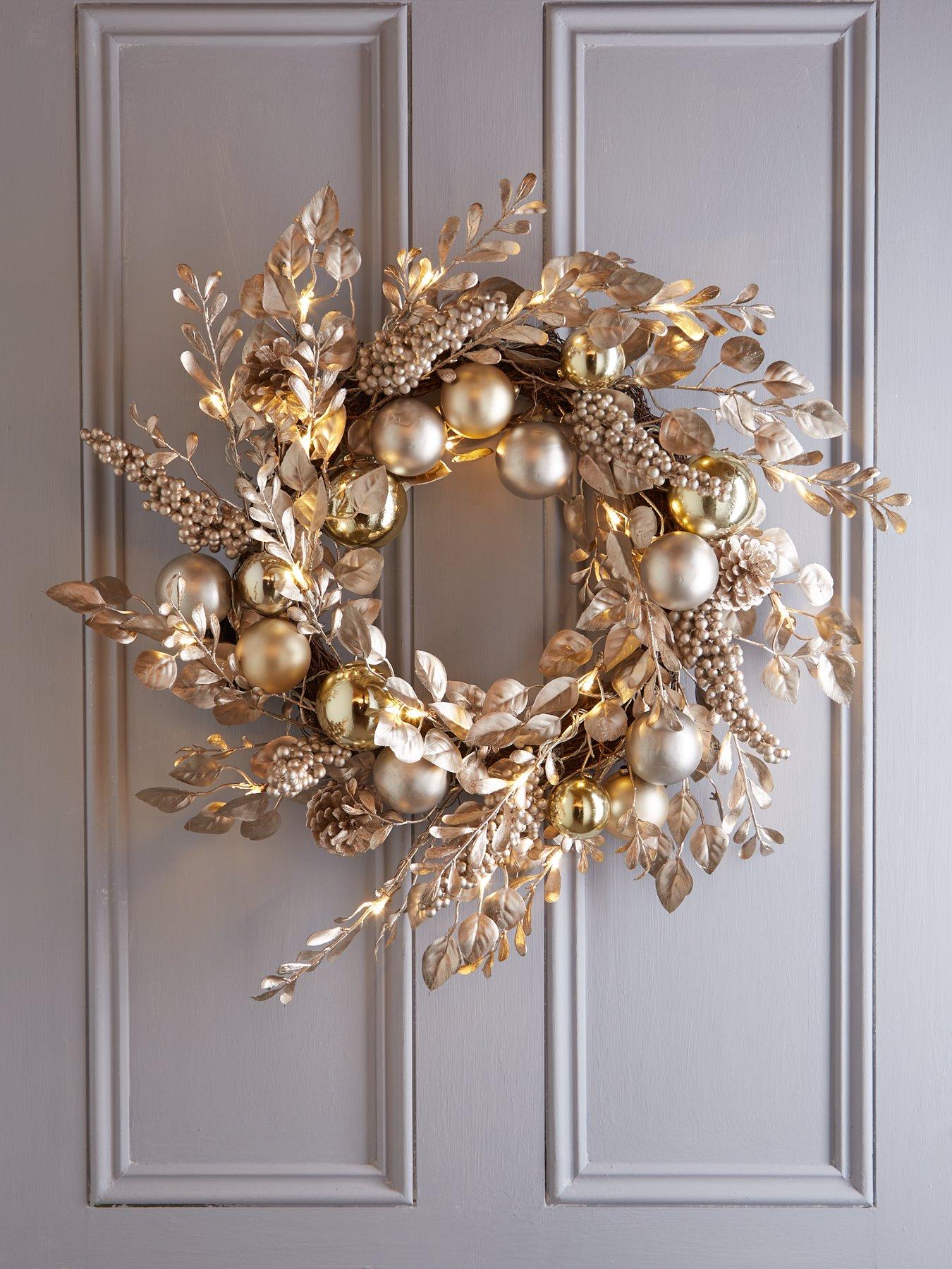 very-home-champagne-gold-pre-lit-christmas-wreath-60-cm