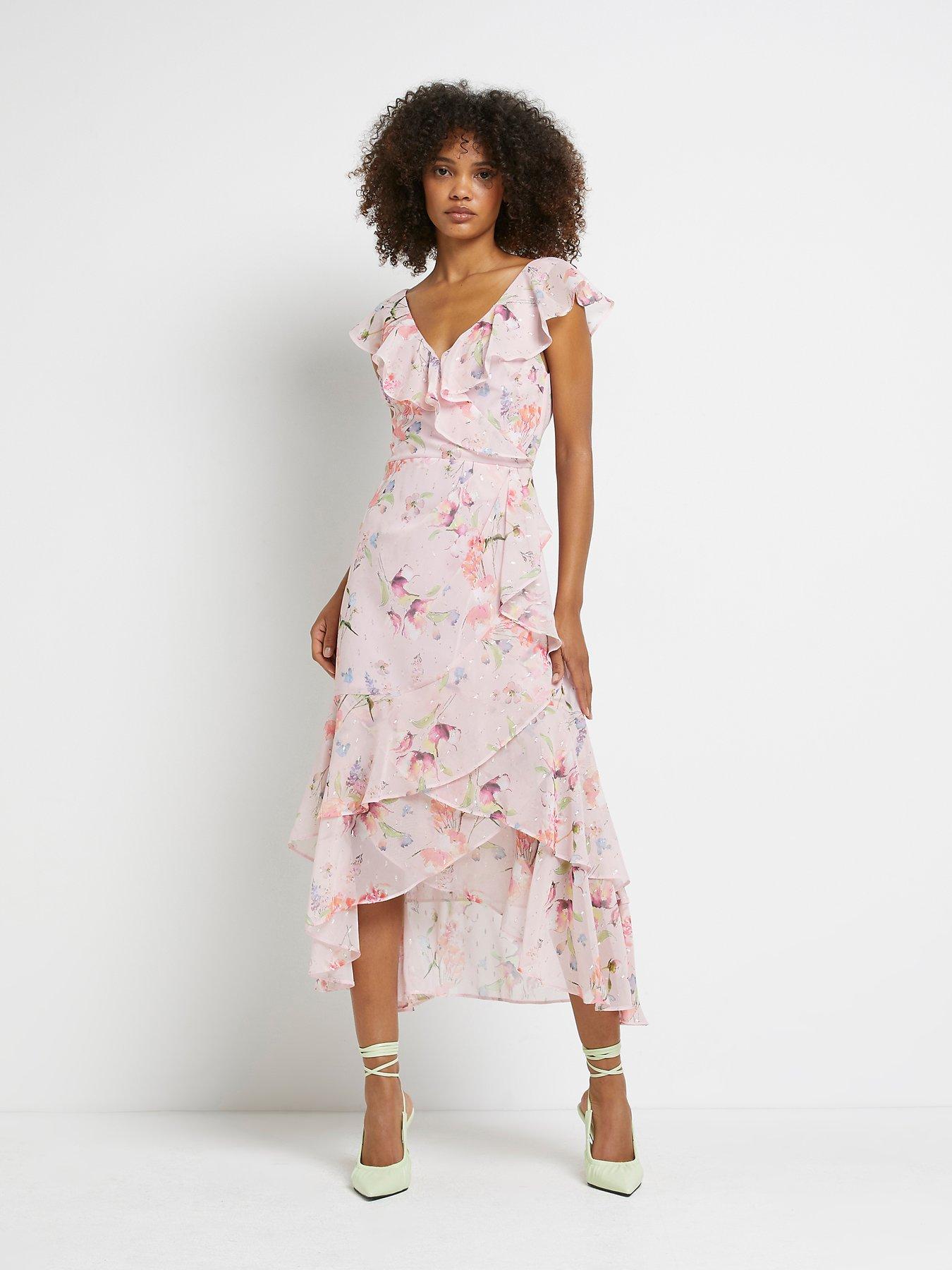 River Island Floral Frill Wrap Midi Dress Pink Very Ireland