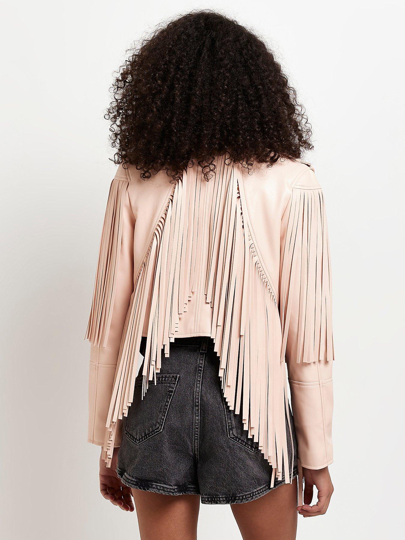 Fringe Crop Biker Jacket Pink