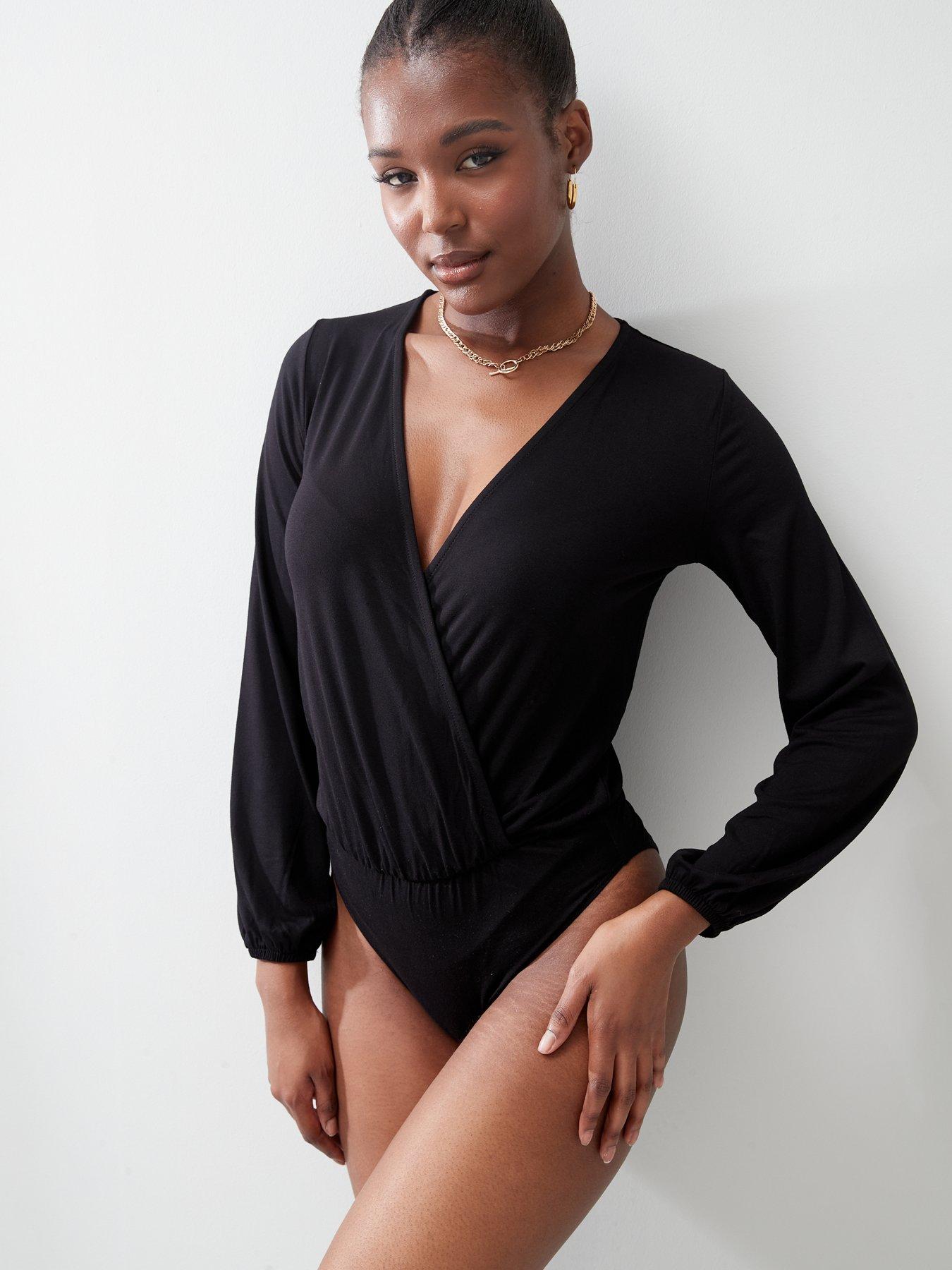 Womens Bodysuit New Leopard Print Long Sleeves V Neck Wrap Leotard Ladies Top 