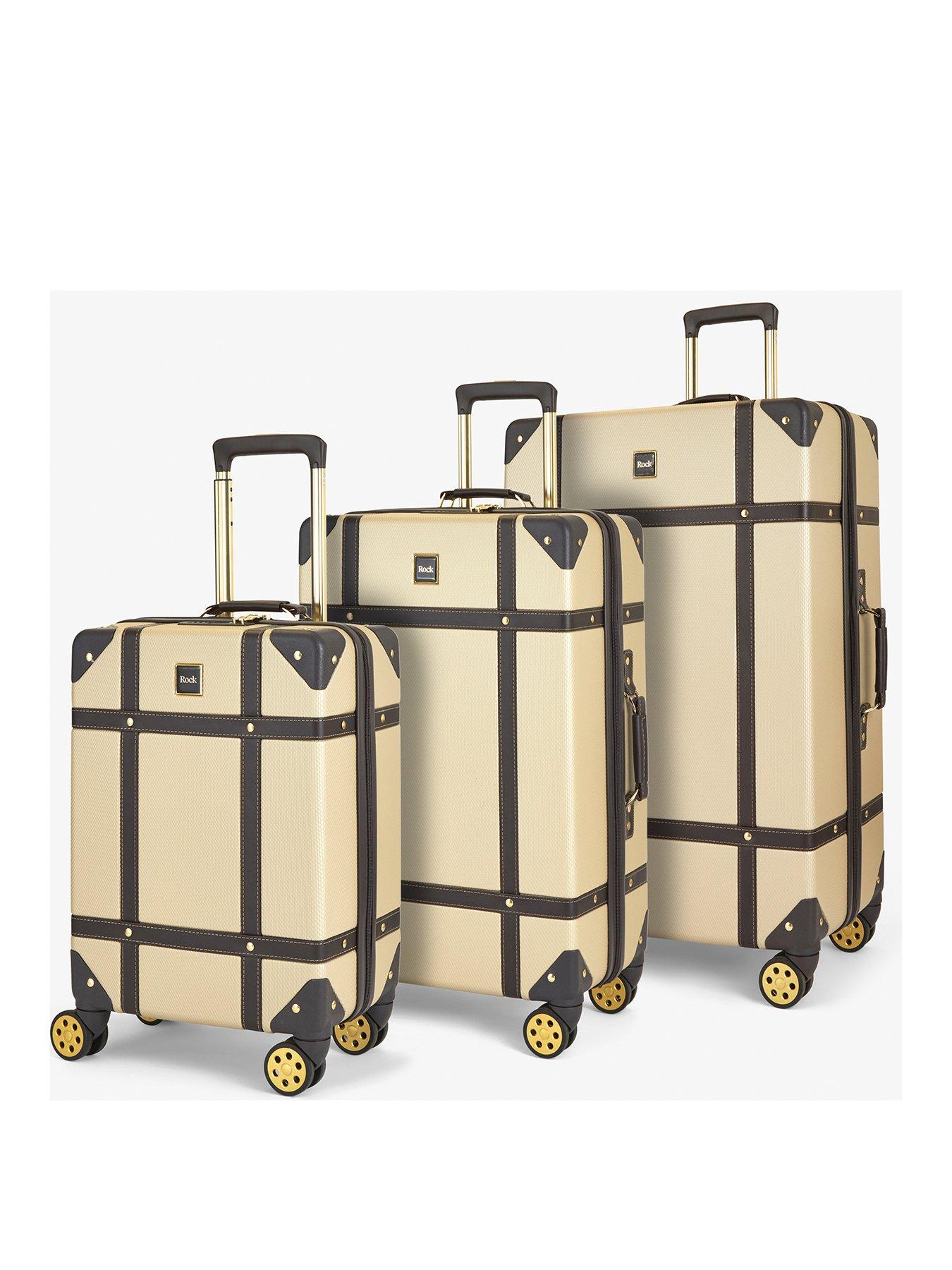 Rock Luggage Vintage 3 Piece Set Hardshell Retro Style 8 Wheel Spinner - Gold