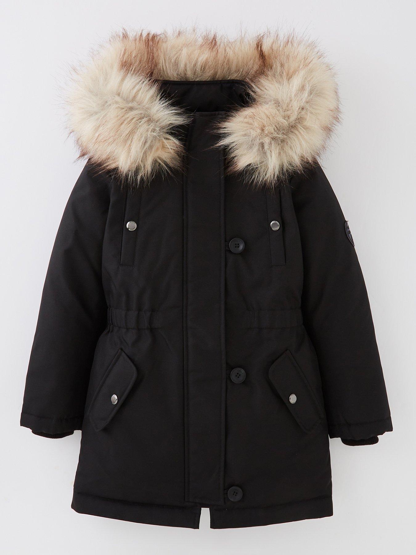 Image of Only Kids Girls Faux Fur Hooded Parka - Black
